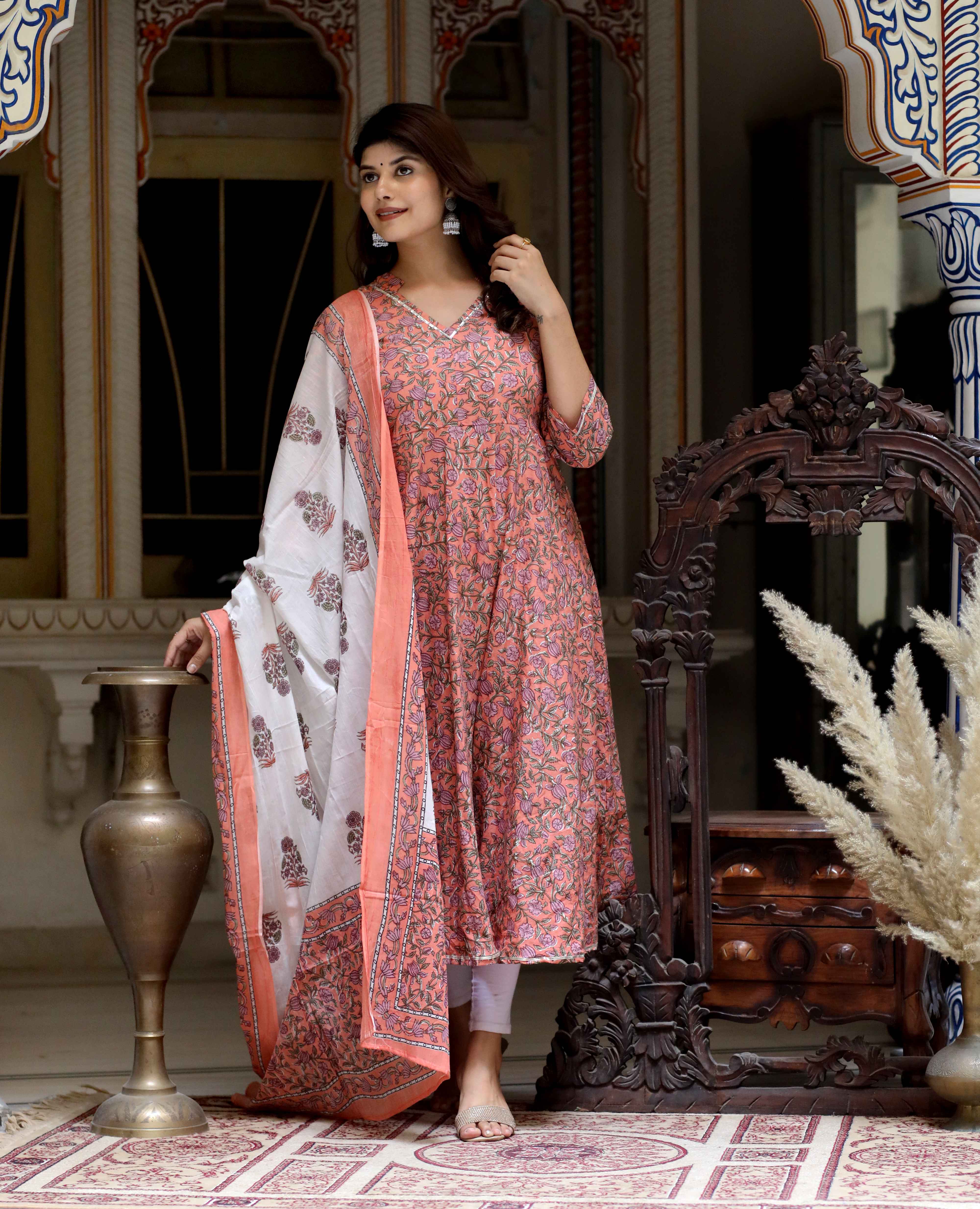 Orange Floral Cotton Anarkali Kurta with Dupatta Set